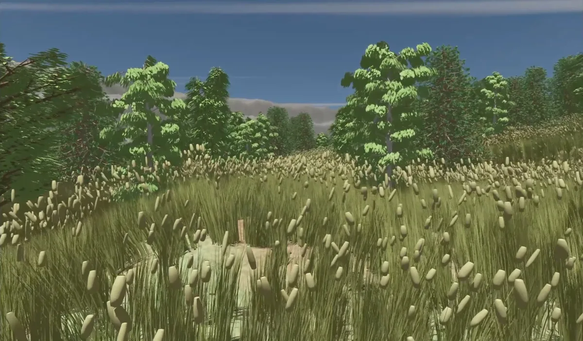 Escena de vegetación con hierba y árboles usada por AMD para demostrar la técnica de jaulas tetraédricas