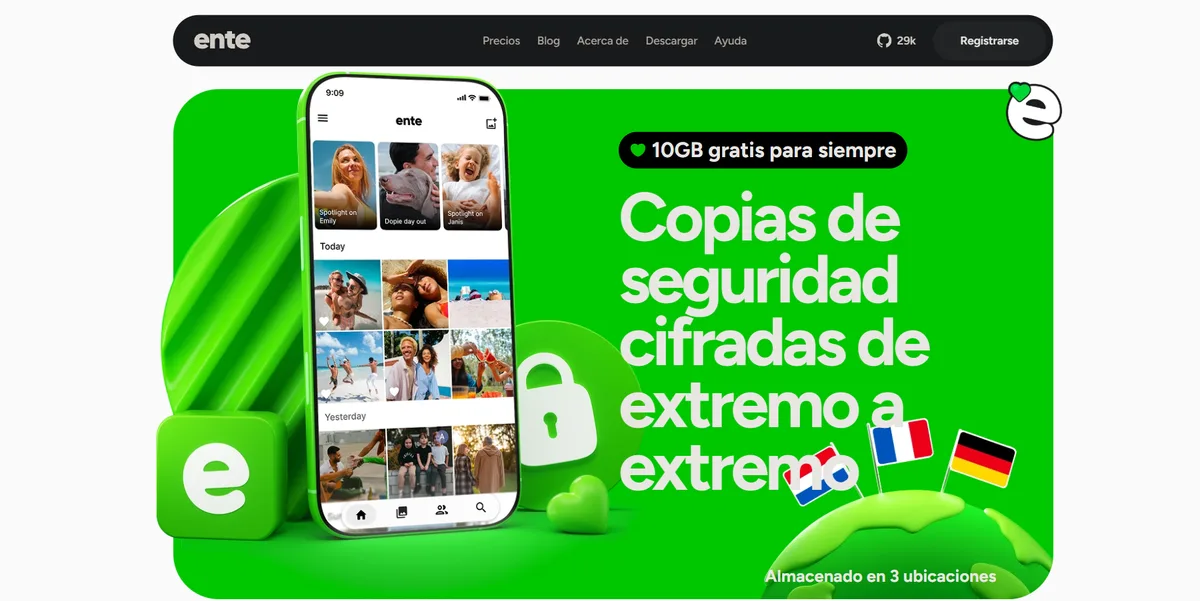 Portada de la web de Ente con un móvil mostrando la galería de fotos y el lema «Copias de seguridad cifradas de extremo a extremo»