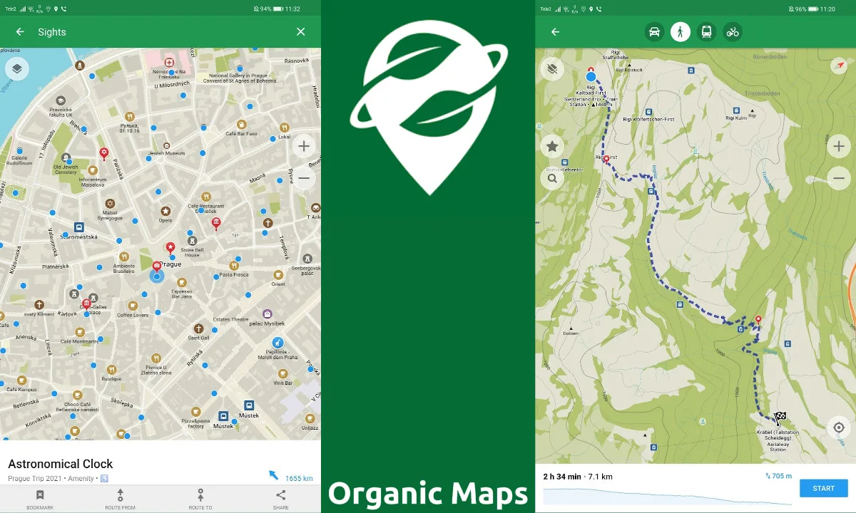 Dos capturas de Organic Maps en Android: un plano de Praga con puntos de interés y una ruta a pie por la montaña con su perfil de desnivel
