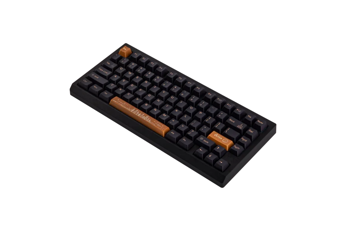 El teclado Epomaker Galaxy75 en negro visto en ángulo, mostrando el grosor del chasis de aluminio
