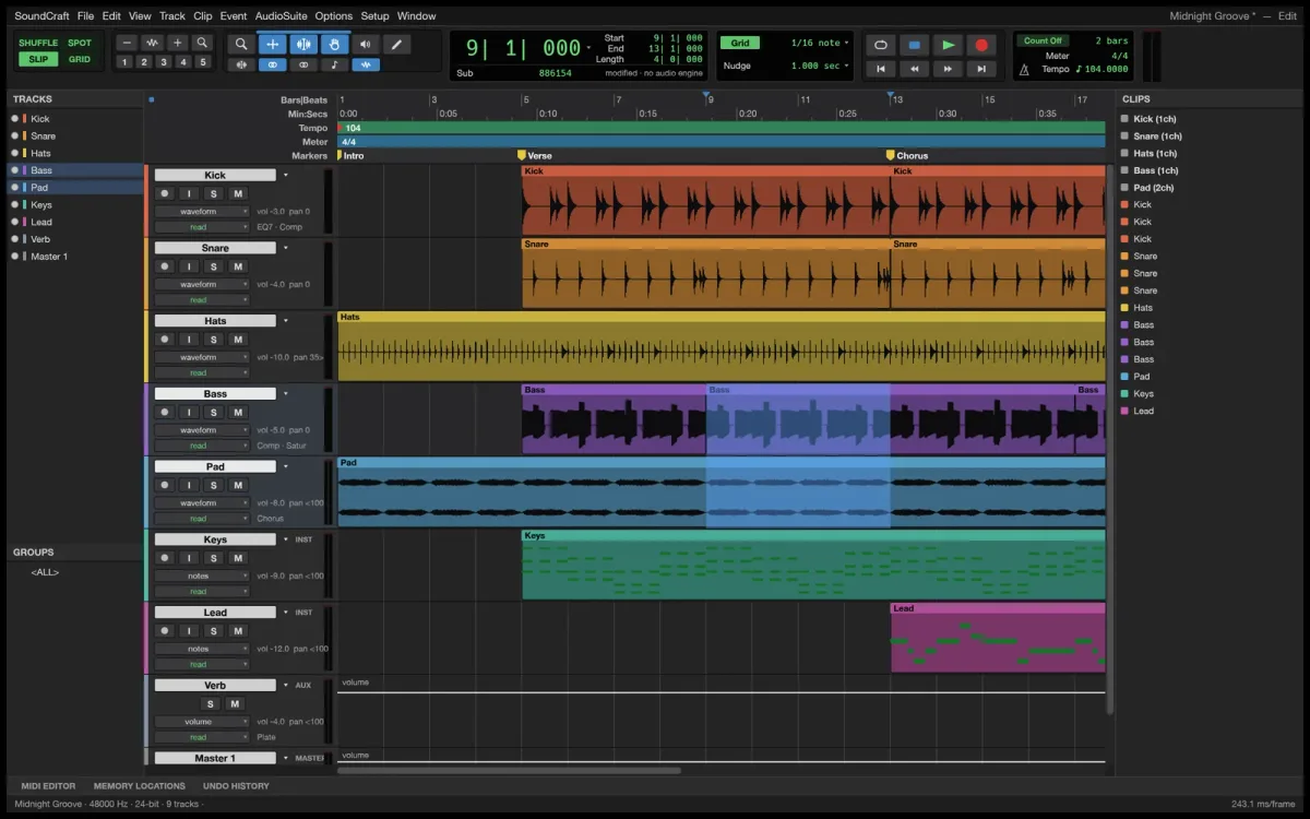 SoundCraft con una sesión de nueve pistas de audio y MIDI con sus formas de onda