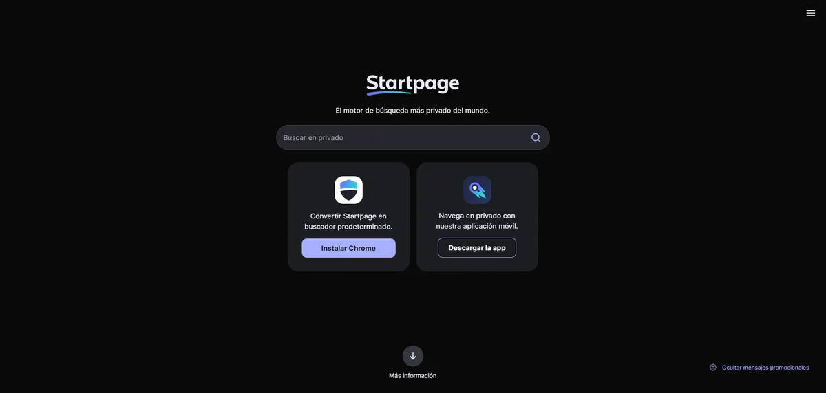 Portada de Startpage en modo oscuro, con la caja de búsqueda y el lema «El motor de búsqueda más privado del mundo»