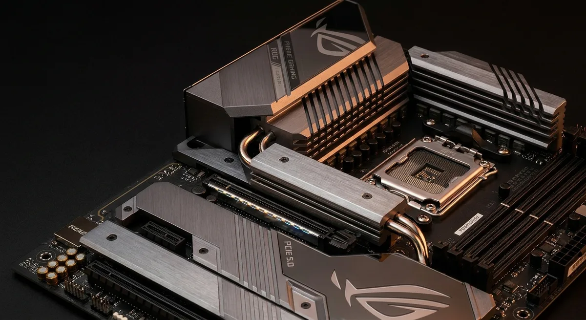 Zócalo AM5 de una placa base ASUS ROG, con el mecanismo de sujeción abierto
